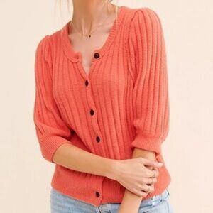 Free People Sloane Women's Coral Ribbed Puff‎ Sleeve Cropped Cardigan Top